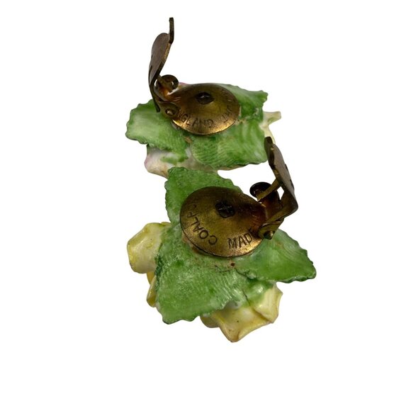 Coalport Hand-Painted Ceramic Clip Earrings & Brooch Multi-Color Floral Set - Picture 5 of 8